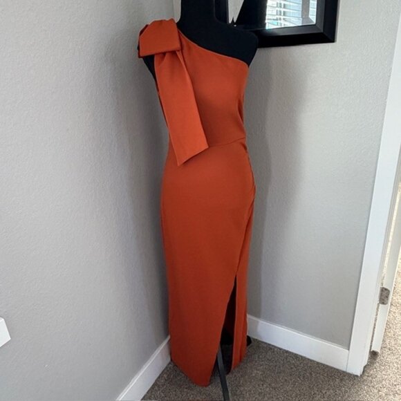 NWT PRETTY GARDEN Burnt Orange Long One Shoulder Formal Dress Small - Picture 3 of 16